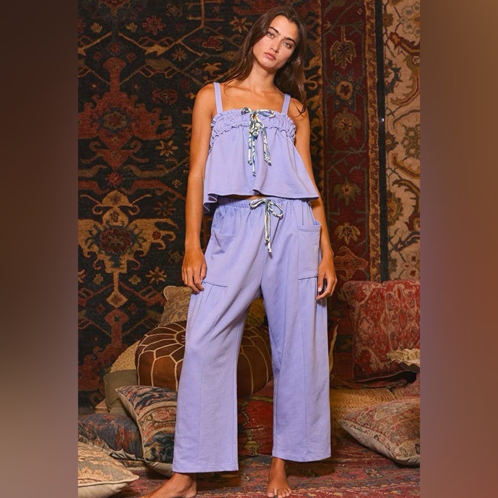 Tie Front Solid Terry Tank Top with matching bottoms in Blue Iris